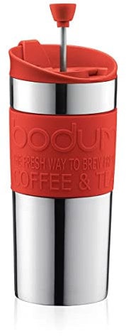 BODUM Travel French Press Coffee Maker Set, Stainless Steel with Extra Lid, Vacuum, 0.35 L/12 oz, Red