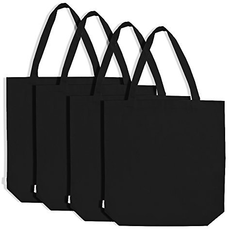 Augbunny 100% Cotton Canvas Shopping Tote Bag Grocery Bag 4-pack (Black)