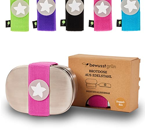 BewusstGrün Edelstahl-Brotdose für Kinder I Original DottyBox®-System mit Klettband in Pink I Personalisierte Brotdose für Kindergarten und Schule