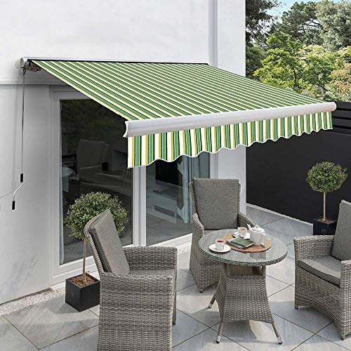 Primrose 5.0m x 3.0m Manual Electric Awning Full Cassette DIY Patio Awning Gazebo Canopy (16ft 5) Complete with Fittings and Winder Handle (Electric, Green Stripe Acrylic)