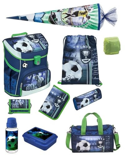 Familando Jungen Schulranzen 1. Klasse · Scooli Campus Fit Schultasche · ergonomisch & leicht · Schulranzen Set für Jungs und Mädchen (10-teiliges Set mit Schultüte, Fußball Blau)