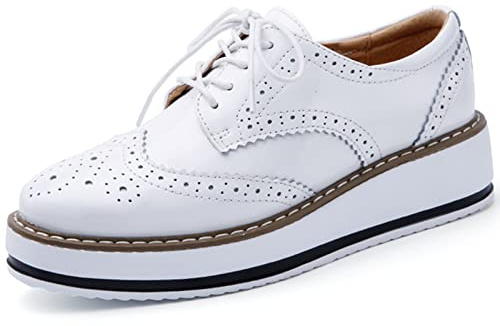 DADAWEN Women's Platform Lace-Up Wingtips Square Toe Oxfords Shoe White US Size 8/Asia Size 40/25cm
