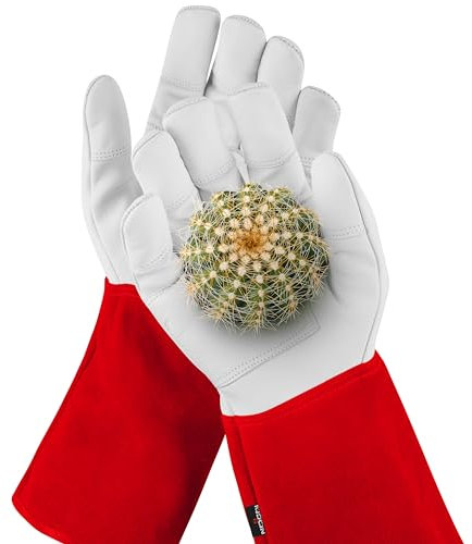 NoCry dornensichere und stichfeste Gartenhandschuhe aus Leder mit extra langem Unterarm-Schaft, verstärkten Handflächen und Fingerspitzen, Größe S, 1 Paar
