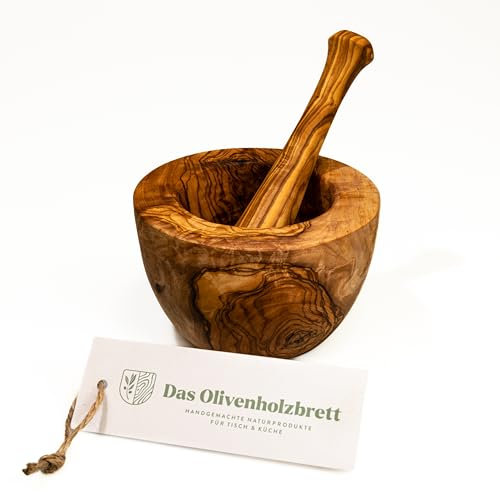 DAS OLIVENHOLZBRETT® Olivenholz Mörser und Stößel glatt/Olivenholzmörser SET/robuster Holzmörser/Gewürzmörser für Pfeffer, Salz, Kräuter, Nüsse etc. aus hochwertigem Hartholz - fein gemasert Ø18cm