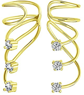 Dreifache Spirale CZ Gebogene Kletterer Draht Cubic Zirkonia Knorpel Ohrmanschette Pin Ohrring Für Frauen Teenager 14K Gelbgold Plattiertes .925 Sterling Silber