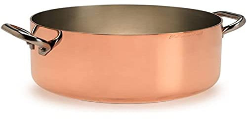 Pentole Agnelli ALCU104PI28 Casserole haute en cuivre avec 2 poignées en acier inoxydable, cuivre étamé pour induction, 28 cm