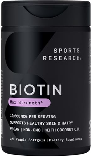 Sports Research® Biotin 10,000mcg with Organic Coconut Oil - Biotin (Vitamin B7) for Healthy Skin and Hair Support* - for Women and Men - Vegan, Non-GMO, Gluten & Soy-Free - 120 Veggie Softgels