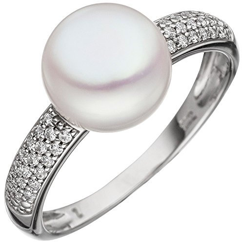 Ring Damenring mit Süßwasser Perle & Zirkonia 333 Gold Weißgold Perlenring Damen, Ringgröße:Innenumfang 56mm ~ Ø17.8mm