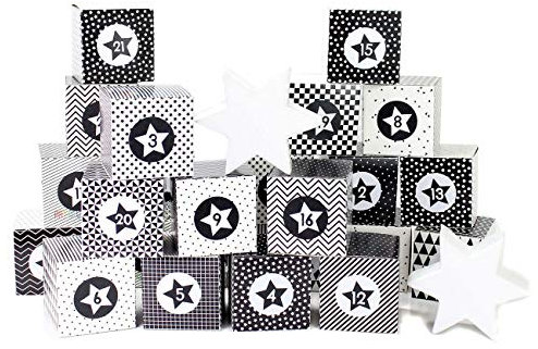 DIY Adventskalender zum Befüllen - Kisten Set - Motiv schwarz-weiß - 24 Schachteln zum Aufstellen und zum Befüllen - 24 Boxen