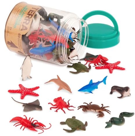 Terra 60-teilig Tierfiguren Sammlung Meerestiere Spielzeug Set – Hai, Schildkröte, Tintenfisch, Krabbe, Pinguin, Delphin und mehr – Spielzeug ab 3 Jahren