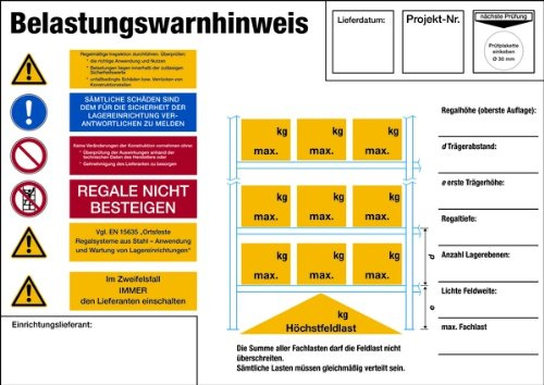 LEMAX® Regalkennzeichnung mit Belastungswarnhinweisen, Palettenregal - DIN EN 15635 Alu glatt 420x297mm