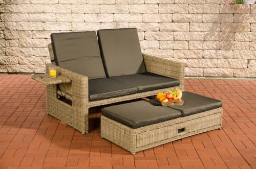 CLP Polyrattan 2er-Loungesofa Ancona 5mm I Rundrattan Garten-Sofa Mit Ausziehbarem Fußteil Und Verstellbarer Rückenlehne I, Farbe:Natur, Polsterfarbe:Anthrazit