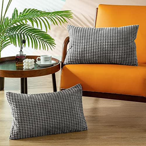 CaliTime Kissenbezüge Kissenhülle 2er-Pack Comfy Bolster Pillow Covers Cases for Couch Sofa Bed Comfort Supersoft Cord Corn Striped Both Sides 30cm x 50cm Medium Grey