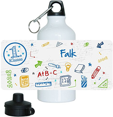 Eurofoto Trinkflasche mit Namen Falk und 1. Klasse-Motiv für Jungen, aus Aluminium