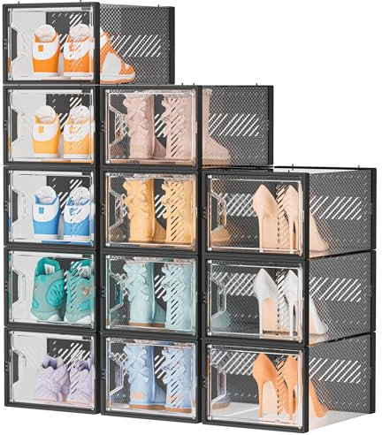 SIMPDIY Shoe Storage Box,12 pcs Shoe Box Clear Plastic Stackable, Shoe Organizer Containers with Lids for Women/Men,Fit up to UK 12