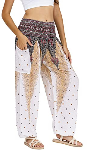 Lofbaz Harem Pants for Women Yoga Boho Hippie Clothing Womens Palazzo Bohemian Pajama Trousers Beach Indian Gypsy Genie Clothes - Peacock 1 White L