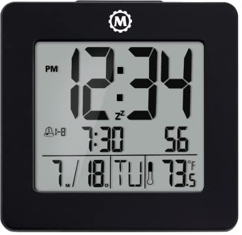 Marathon Tischuhr mit Alarm | Digitaluhr mit Datum, Temperatur und Kalender | Doppelalarm mit Schlummerwiederholung und 7 Sprachauswahlen | Hintergrundbeleuchtet