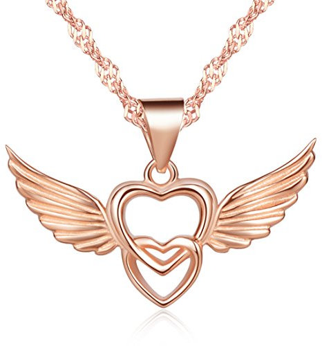 Unendlich U Klassisch Damen Halskette Doppel Herzen Engelsflügel Anhänger Rosegold 925 Sterling Silber Kettenanhänger