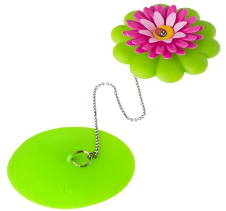 Vigar Flower Power Bathtub Drain Stopper, Tub Stopper with Chain and Daisy-shaped Floaty, 4-1/10 Inches, Perfect Bathroom Accessories, Pink, Green