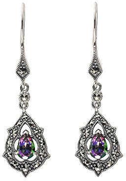 Esse Marcasite Sterling Silver Pear Cut Gemstone and Marcasite Drop Earrings 4cm Long