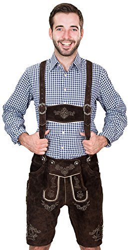Bayerische Herren Trachten Lederhose kurz, Trachtenlederhose mit Trägern, original in Dunkelbraun, Oktoberfest, Größe 52