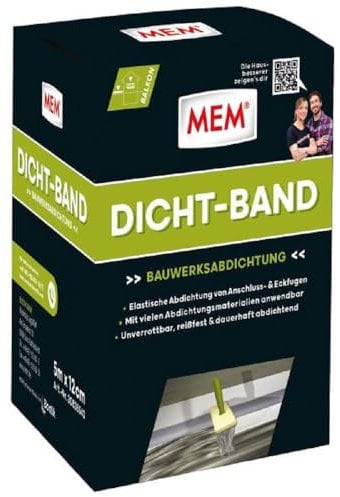 MEM Dicht-Band, Dichtungsband auf Rolle, Reißfest, flexibel und dauerhaft strapazierbar, Unverrottbar und Wasserdicht, 12cm x 5m, Weiß (Trägermaterial) und Grau (Dichtzone)