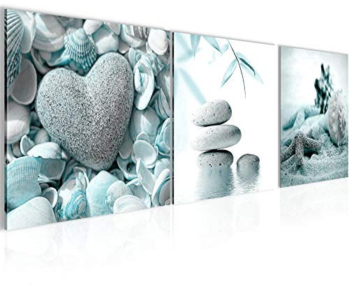 Runa Art Bilder Feng Shui Steine 3 Teilig Bild auf Vlies Leinwand Deko Wohnzimmer Schlafzimmer 90 x 30 cm Strand Türkis Grau 501634b