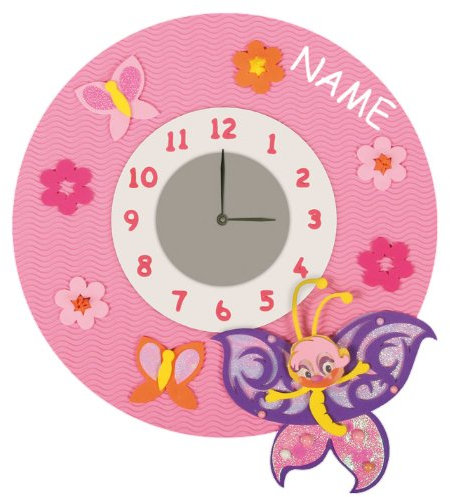 alles-meine.de GmbH Bastelset 3-D Uhr/elektrische Wanduhr - incl. Name - Schmetterling rosa Mädchen - Kinderzimmer Kinderuhr Uhren Komplett Set