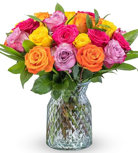 Benchmark Bouquets 2 Dozen Rainbow Roses, avec vase