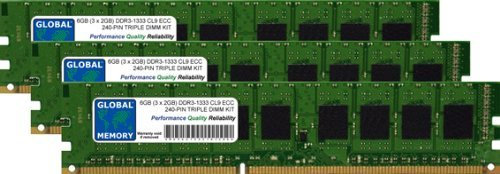 GLOBAL MEMORY Kit di Memoria RAM DDR3 da 6 GB (3 x 2 GB) 1333 MHz PC3-10600 240 Pin ECC DIMM (UDIMM) Compatibile con Server/Workstation/schede Madri (Non per PC*)