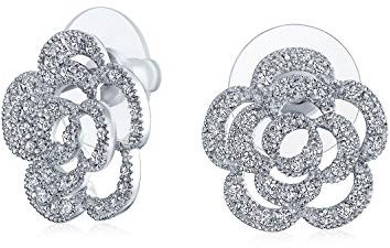 Pavé CZ Akzent Offene Blumenliebe Rosenblumen Ohrstecker für Frauen Hochzeitsfeier Brautjungfern Bräute Versilbert 16MM