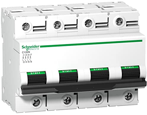 Schneider Electric A9N18371 C120N Thermal Magnetic Automatic Switch, 4P, 63A, C Curve, 73 mm x 108 mm x 81 mm, White