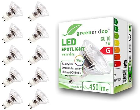greenandco 10x GU10 LED Spot | 7W 450 lm | 3000K warmweiß | 36° | 230V | CRI 90+ | flimmerfrei | nicht dimmbar
