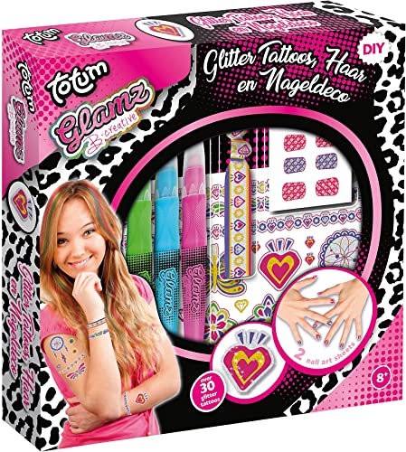 Totum Glamz Kreativset: Glitzertattoo-, Haar- und Nagelset, 3 verschiedene Haarkreidefarben, Ibiza-Elastikband, 50 Glitzertattoos, 48 Nagelsticker, 50020