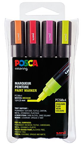 POSCA 182505 - Marcatore POSCA con punta tonda media, set di 4 pezzi, neon, rosso neon, rosa, arancione, giallo neon