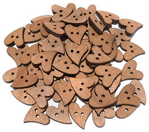 100 Knöpfe aus Holz in Herz-Form, in braun, mit 2 Löchern, Größe: je 20 mm lang x 16 mm breit