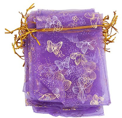 Générique Environ 100 pochettes en organza avec cordon de serrage pour cadeaux de mariage, 9 x 12 cm (imprimé papillon), violet