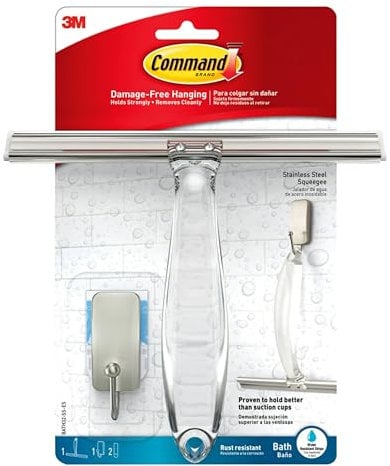 Command Bad- und Duschabzieher, Rostfreier Edelstahl und Nickel Satiniert, 1 Abzieher und 1 kleiner Edelstahlhaken, 2 wasserabweisenden Streifen/ kleine, Farbe: Silber