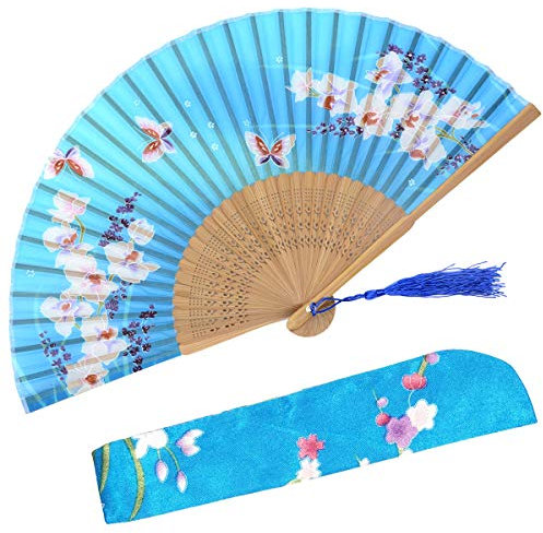 OMyTea Orchis Chinese/Japanese Women Hand Held Silk Folding Fans with Bamboo Frame - With a Fabric Sleeve for Protection (WZS-33)