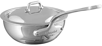 Mauviel M'Cook Poêle à Saute avec Couvercle 5 Couches Acier Inoxydable Poli Courbé avec Manche en Acier Inoxydable Moulé 3,4 qt Fabriqué en France