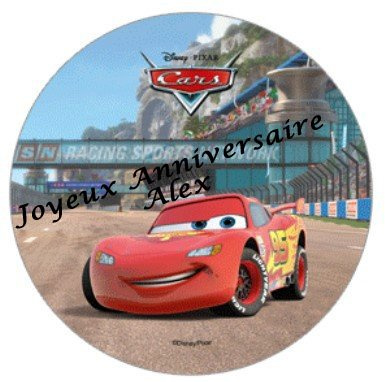 Disque pate à sucre azyme CARS Disney personnalisé avec votre texte - diamètre 22cm - pour decor gateau anniversaire cars disney