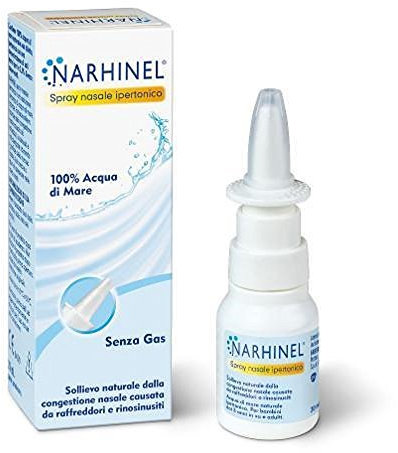 Narhinel Spray Nasale Ipertonico, soluzione ipertonica di acqua di mare, non diluita, sterile e senza conservanti, confezione da 20 Ml​