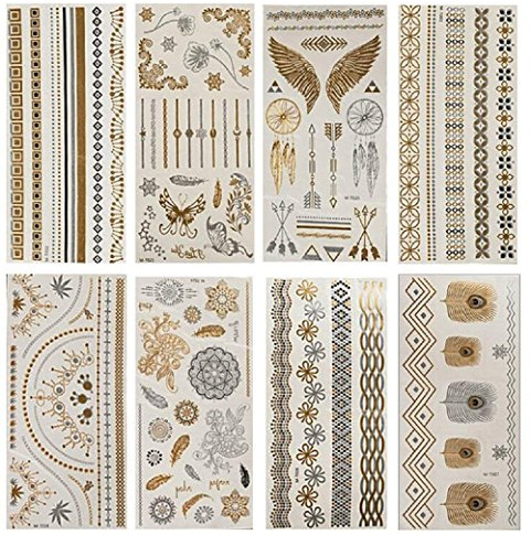 NOVAGO Pack de 8 Planches de 21x10 cm de Tatouages éphémères métalliques brillants (doré et argenté), motifs variés (Brillant)