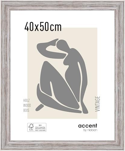 accent by nielsen Bilderrahmen, 40 x 50 cm, Holz, Weiß, Posterrahmen zum Aufhängen im Hoch- & Querformat, Echtglas, Vintage