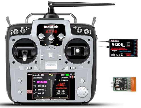 Radiolink AT10II 12 Kanäle 2.4G RC Sender Empfänger R12DS & PRM-01 Spannungs-Telemetrie-Funksteuerung für RC Flugzeug FPV Renndrohne Quad Helikopter Auto Boot (Grau Mode 2 Left Hand, Englisches Menü)
