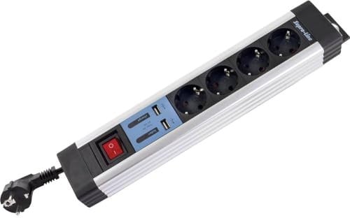 REV SupraLine Steckdosenleiste 4-Fach - Mehrfachsteckdose mit USB & Schalter, 2,2m Kabel, Wandmontage & Kabelknickschutz, Silber