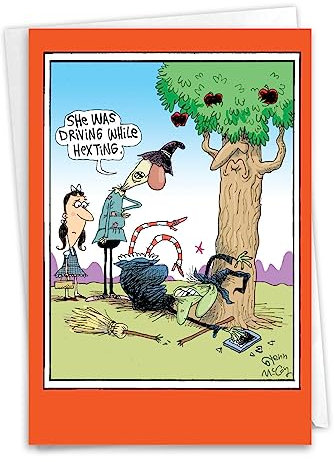 NobleWorks - Hysterische Halloween Grußkarte mit 12,7 x 17,8 cm mit Umschlag (1 Karte) - Driving While Hexing 1846