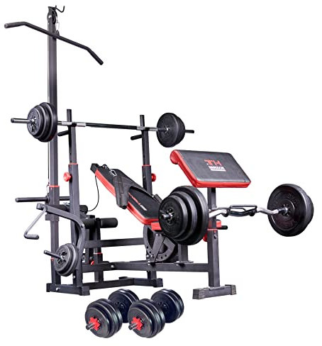 TrainHard Multifunktion Hantelbank mit Latzug Kraftstation mit 50 bis 150 kg Hantelscheiben Gewichten Hantelstange Hantelset aus Langhantel Kurzhantel Curlhantel (+ 100 kg Lang-, Kurz- & Curlhantel)