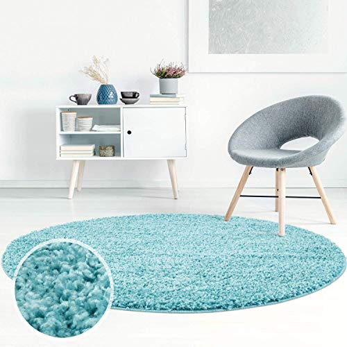 ayshaggy Shaggy Teppich Hochflor Langflor Einfarbig Uni Türkis Weich Flauschig Wohnzimmer, Größe: 80 x 80 cm Rund
