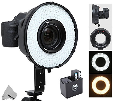 Fomito - Flash portatile a LED con macro anello DVR-240 DF 3200k-6500k per fotocamere Canon Nikon Sony Pentax DSLR + adattatore batteria MV-AD1 per Sony NP-F750, batterie AA